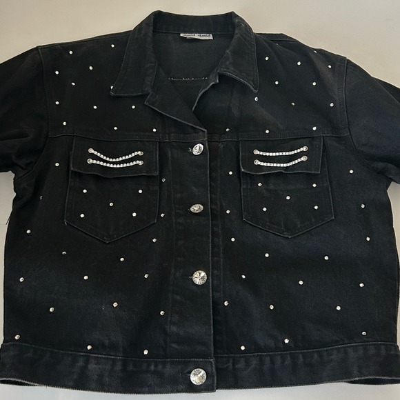 DAVID DAVID black washed Denim Embellished Button up Jean jacket size M - Picture 5 of 14